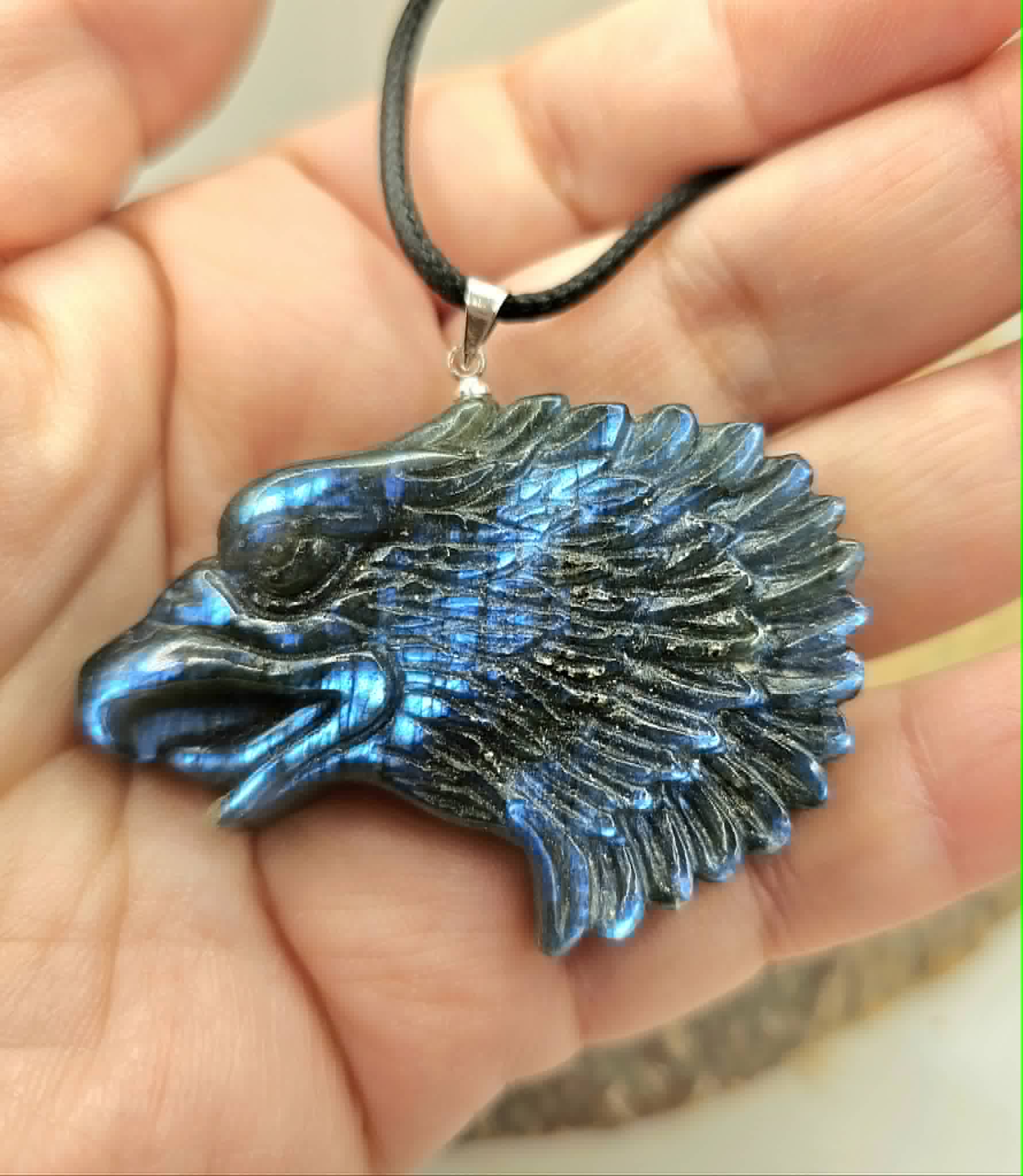Labradorite flashy eagle head pendant necklace alternate angle — My Aura Gemstones