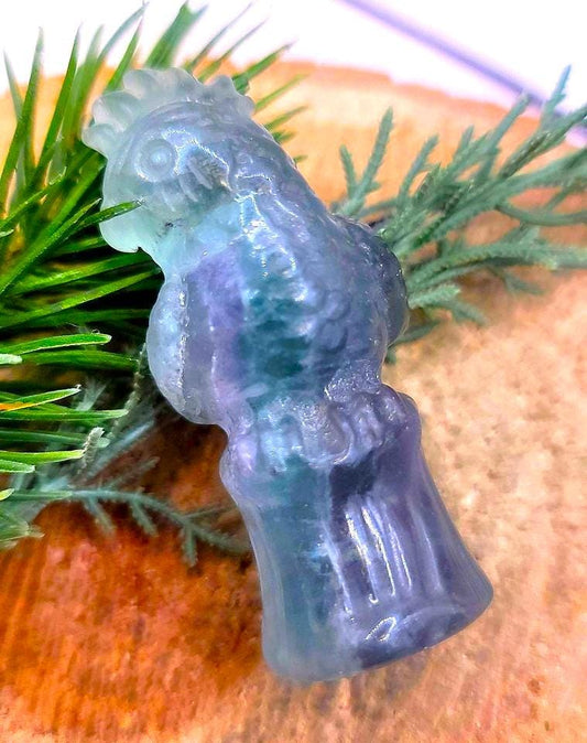 Beautiful Nature Rainbow Fluorite Hand Carved Woodpecker On Tree Stump Figure