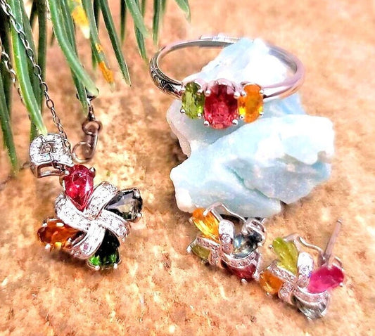 Beautiful Set Of 4pcs Nature Tourmalines Windwill S925 Jewelry Set
