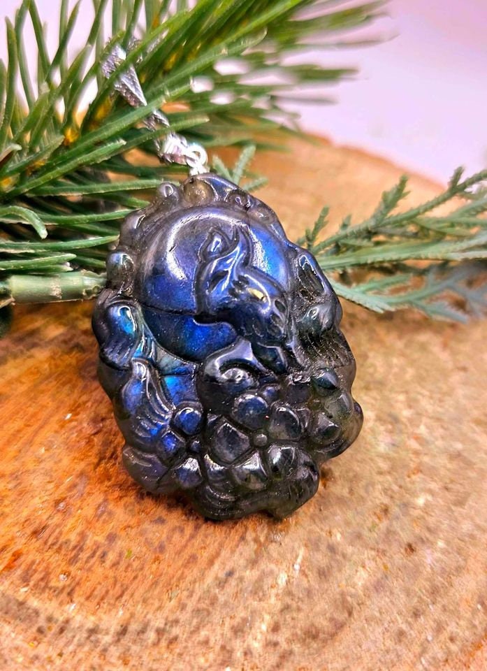 Beautiful Nature Labradorite Nine Tails Fox Cherry Blossom Pendant Necklace