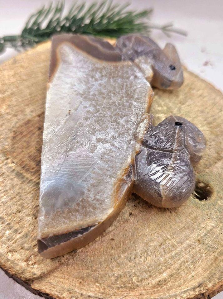 Nature Agate Slice Hand Carved Rabbit Pair On Hill  4.5" Figure.