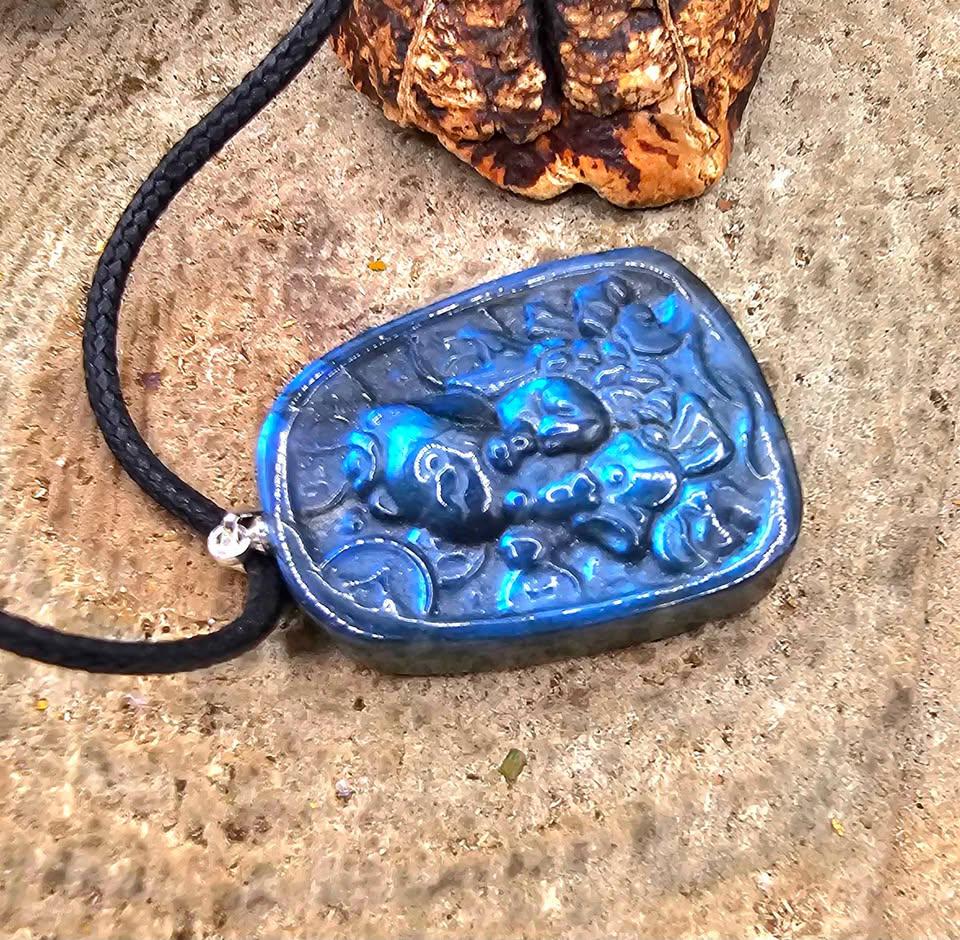 Nature Labradorite Lucky Cat On Carp Pendant Necklace