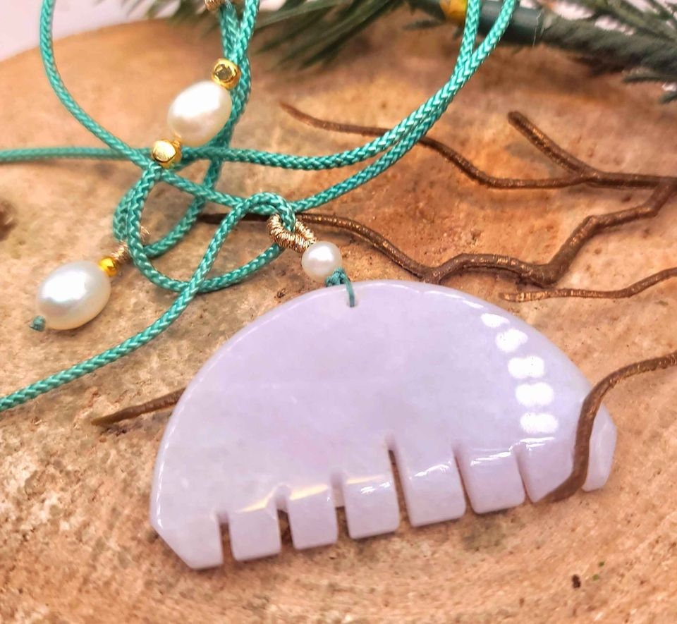 Beautiful Certified Nature Jade Hand Carved Comb Pendant With Pearl Adjustable Necklace