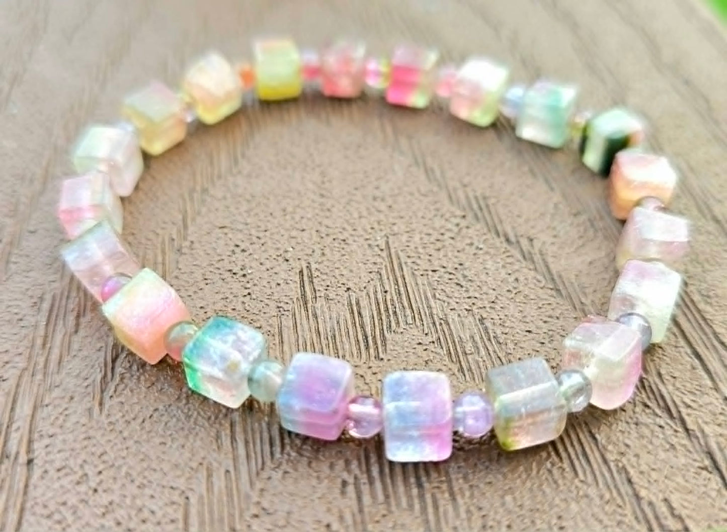 Premium grade watermelon tourmaline crystal cube bracelet side view — My Aura Gemstones