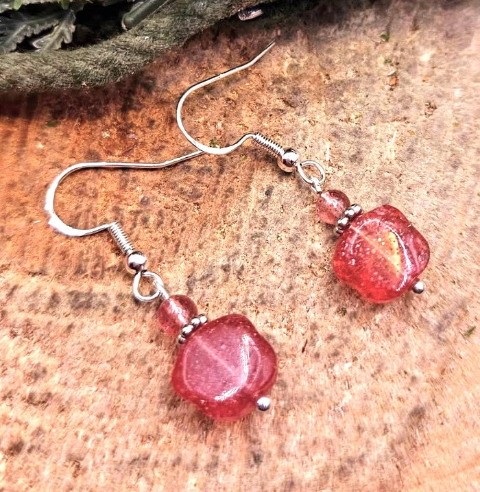 Strawberry quartz cat paw S925 earrings alternate angle — My Aura Gemstones