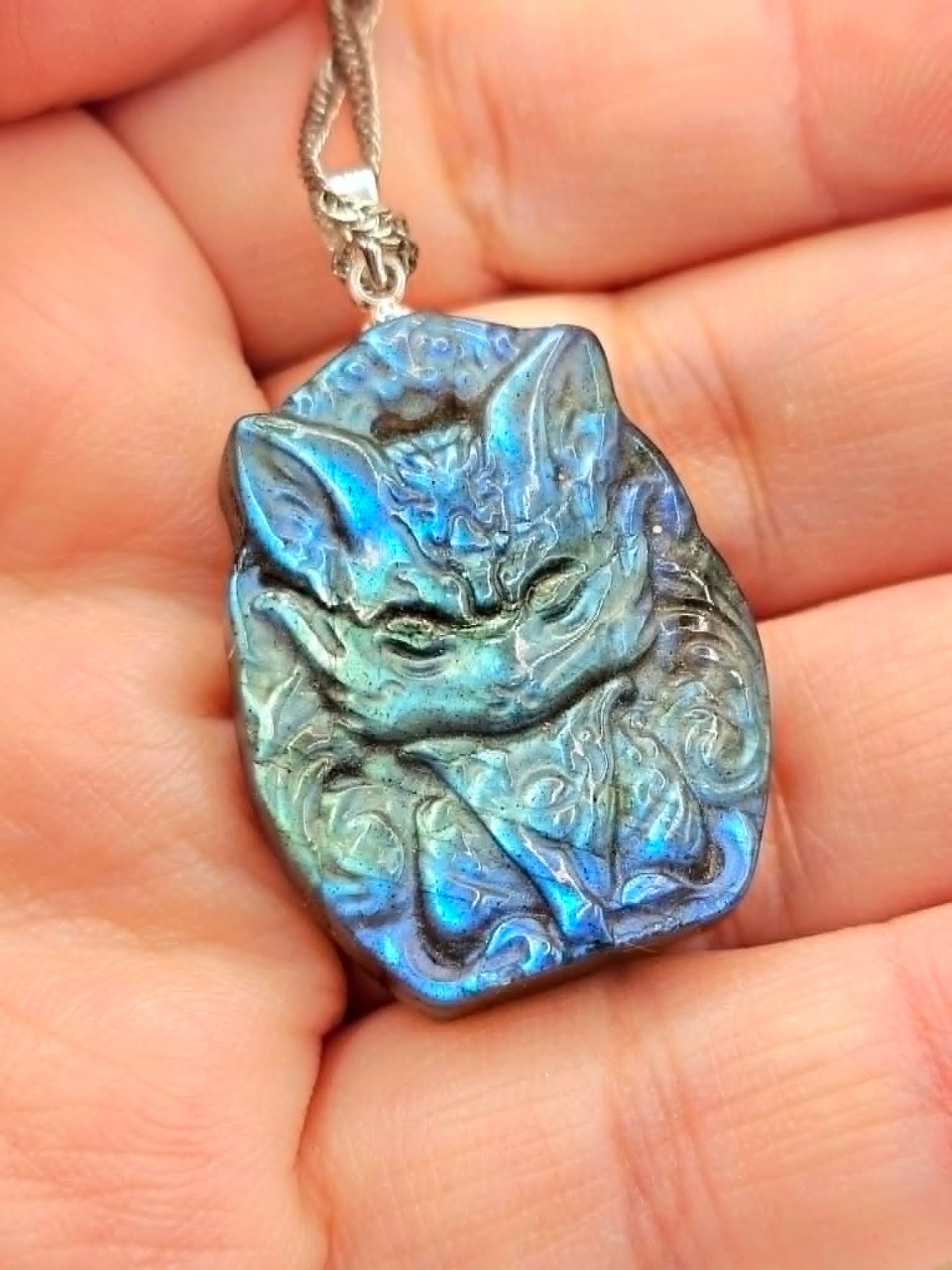 Labradorite carved sitting nine tails fox pendant necklace iridescent flash — My Aura Gemstones