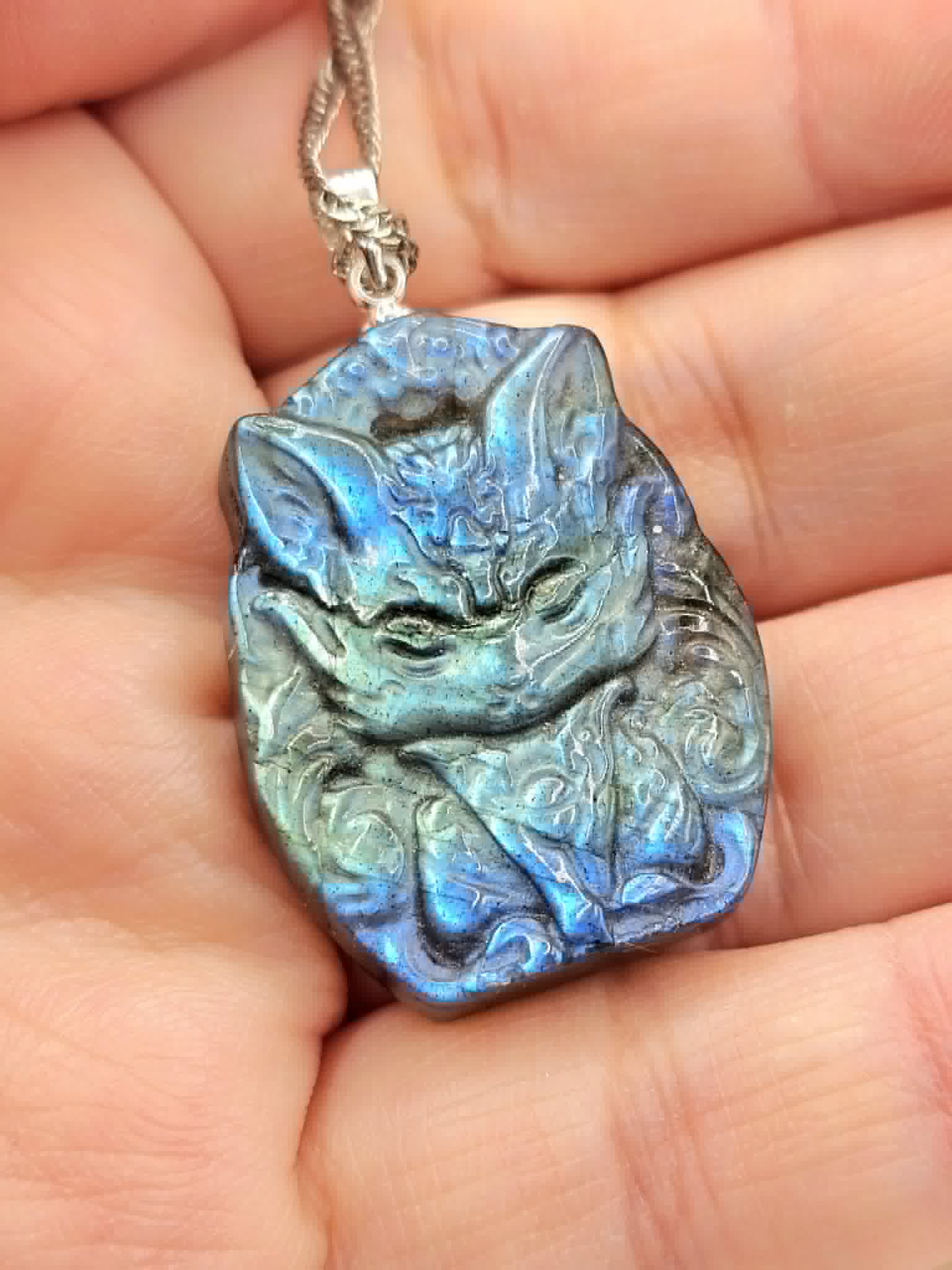 Labradorite carved sitting nine tails fox pendant necklace iridescent flash — My Aura Gemstones