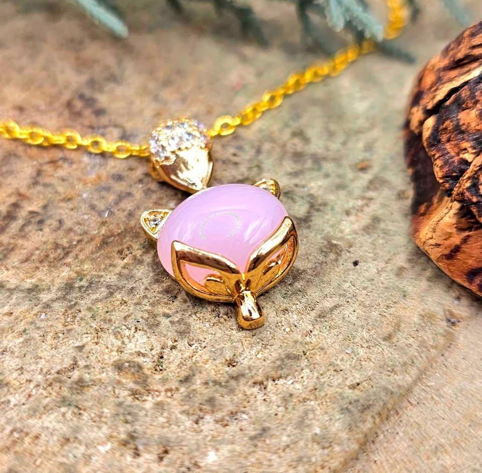 Nature Rose Quartz Gold Tone Fox Pendant Necklace
