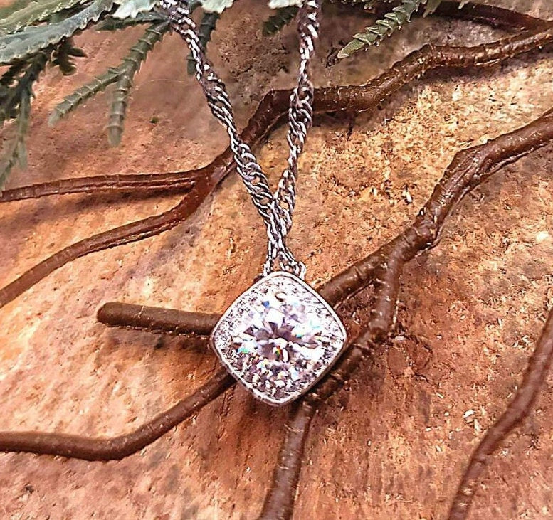 GRA 1ct D Certified Moissanite Diamond Square Charm Pendant Necklace