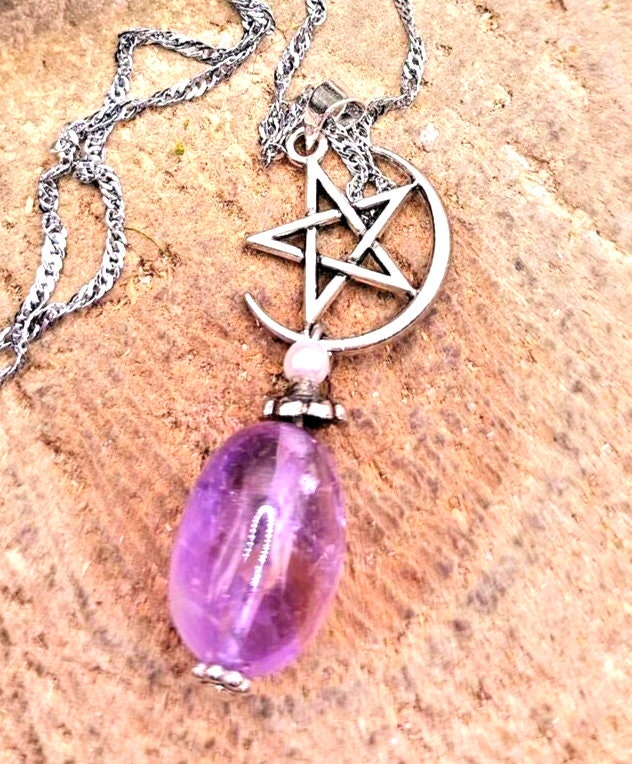 Beautiful Nature lavender Amethyst With Star On Moon Charm Pendant Necklace