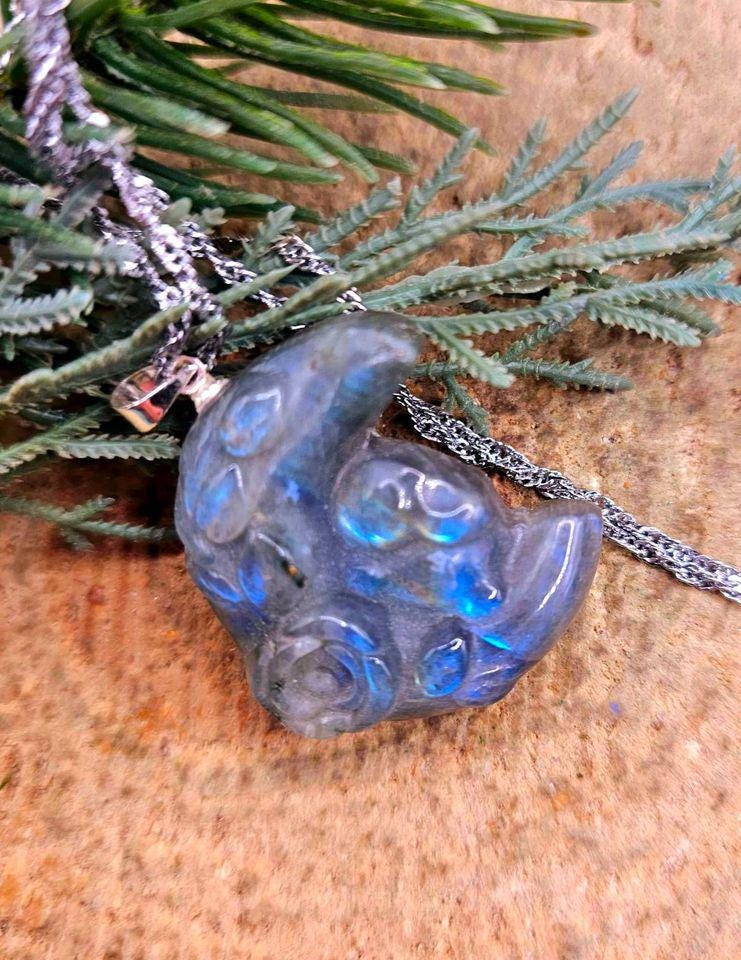 Nature Labradorite Flashy Sleeping Rabbit On Blossom Moon Pendant Necklace