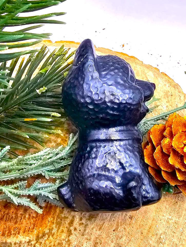 Black obsidian carved cheerful dog decor figure side view — My Aura Gemstones