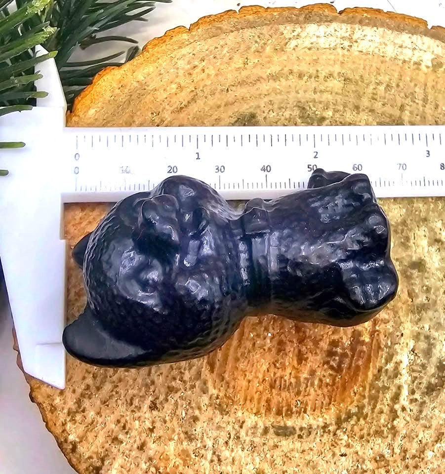 Black obsidian carved cheerful dog decor figure back view — My Aura Gemstones