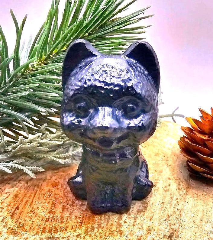 Black obsidian carved cheerful dog decor figure alternate angle — My Aura Gemstones