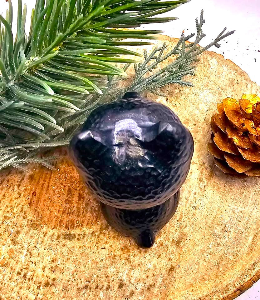 Black obsidian carved cheerful dog decor figure packaging view — My Aura Gemstones
