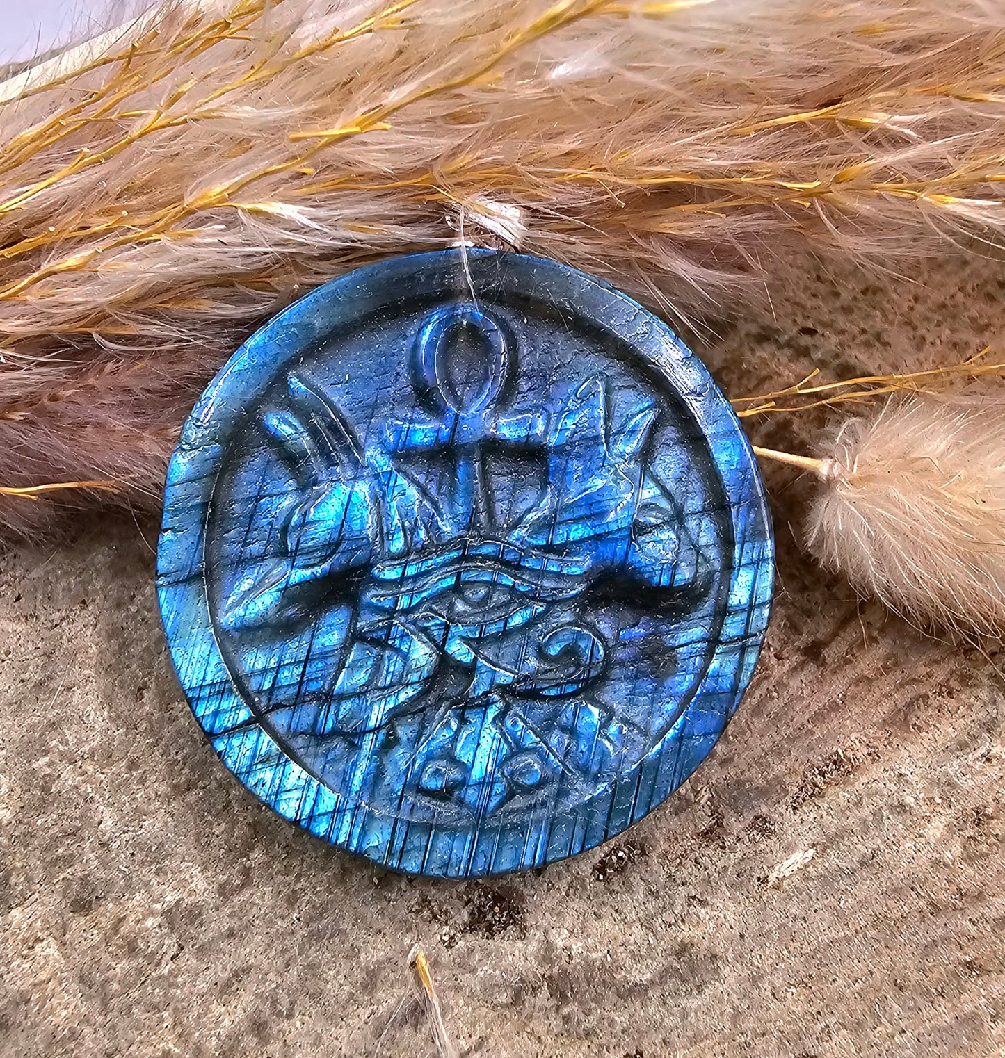 Nature Labradorite Carved Flashy Egyptian Symbols Pendant Necklace