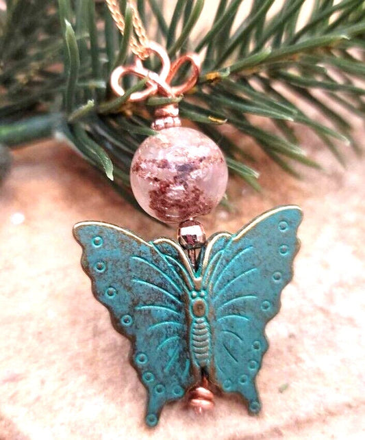 Unique Nature Plum Blossom Rutilated Bead With Bass Butterfly Pendant Necklace