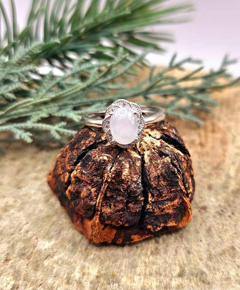 A silver ring with an oval pale pink stone and a halo setting, displayed on a textured brown bark piece with green pine branches in the background.