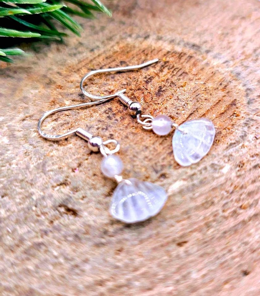 Beautiful Nature Moonstone Flashy Hand Carved Shell S925 Dangle Earring