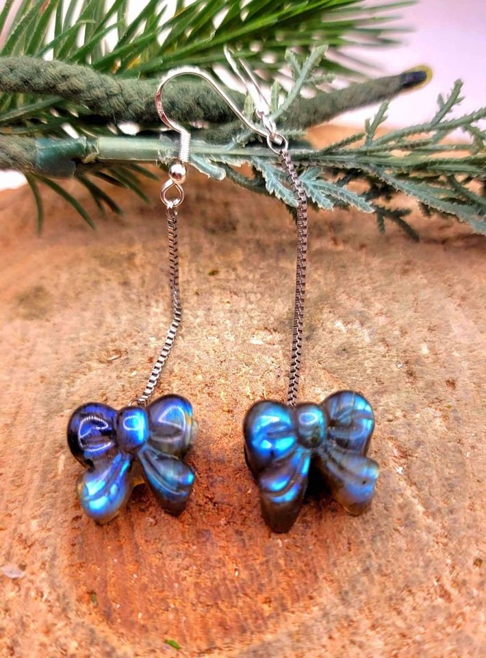 Beautiful Nature Labradorite Hand Carved Flashy Ribbon Dangle S925 Earring