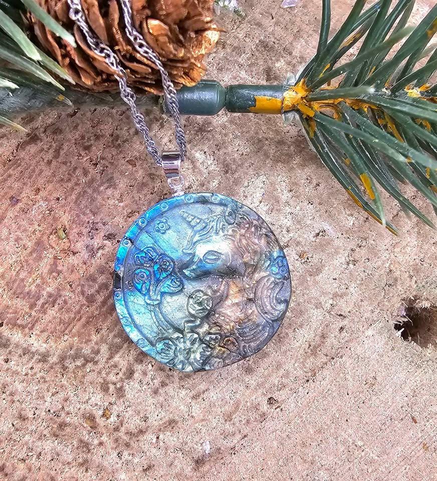 Nature Labradorite Carved Unicorn Pendant Necklace