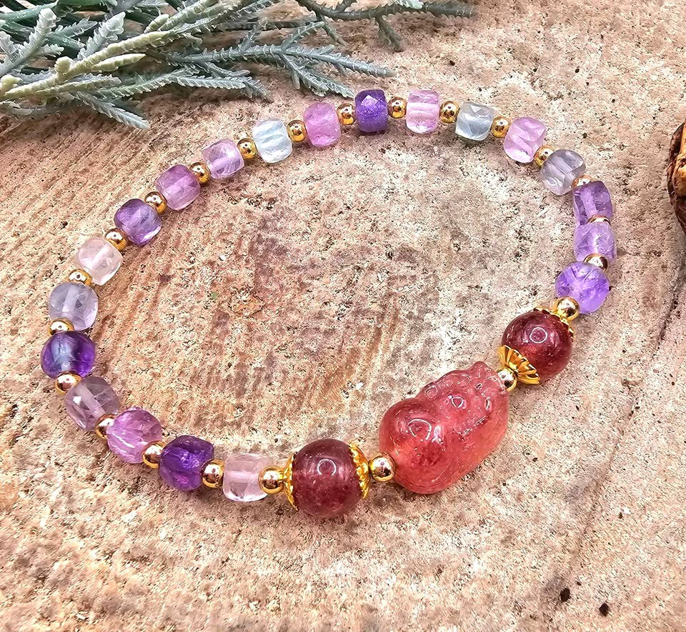 Natural mixed colors fluorite strawberry quartz Pi Xiu feng shui bracelet — My Aura Gemstones