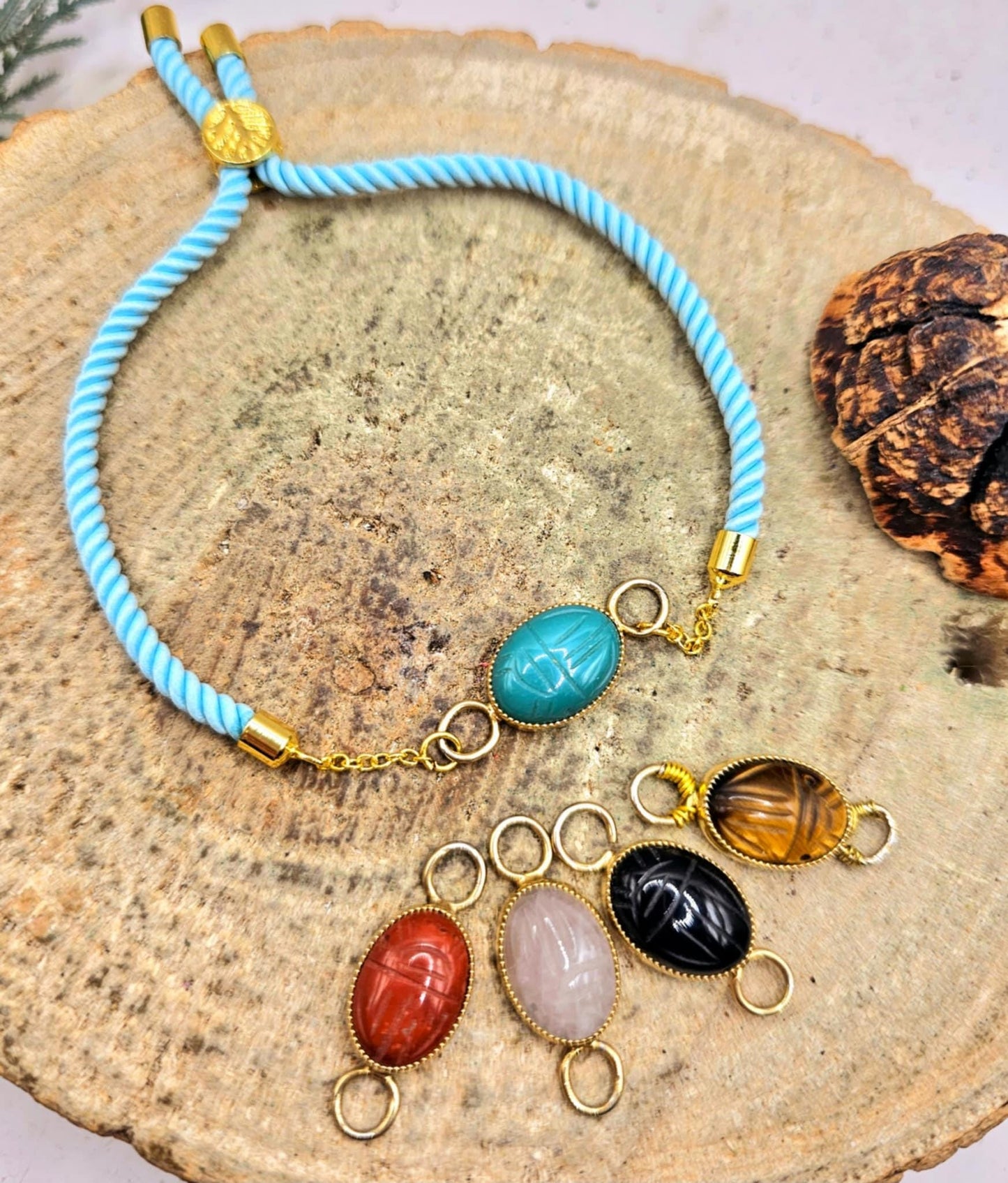 Nature Stone Hand Carved Scarab Beetle Hand Braided Bracelet