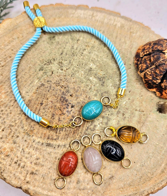 Nature Stone Hand Carved Scarab Beetle Hand Braided Bracelet
