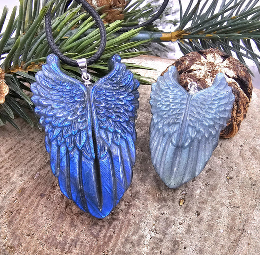 Nature Labradorite Carved Flashy Angel Wing Pendant Necklace