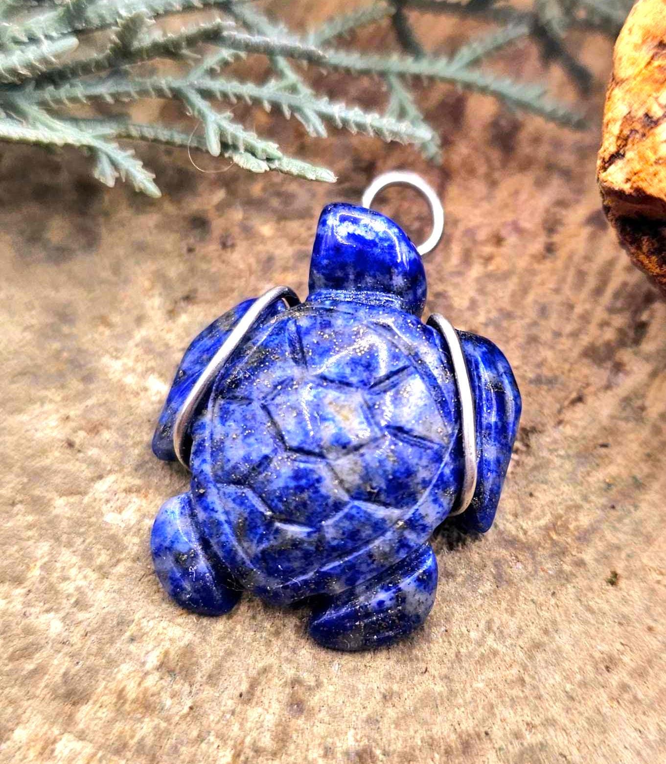 Nature Lapis Lazuli Carved Cute Turtle Wire Wrapped Pendant Necklace
