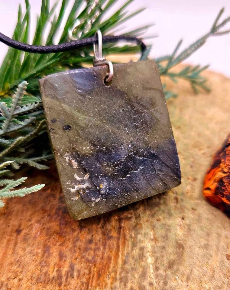 Nature Labradorite Carved Devil Wears Crow Mask Pendant Necklace