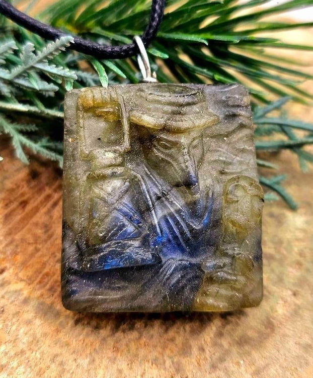 Nature Labradorite Carved Devil Wears Crow Mask Pendant Necklace