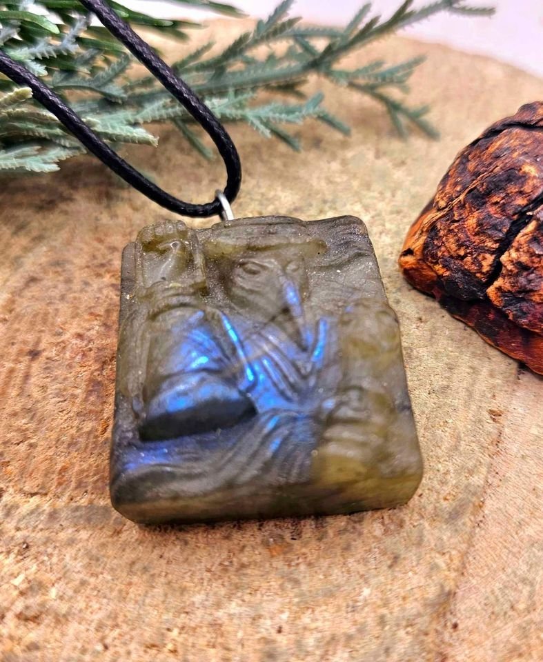 Nature Labradorite Carved Devil Wears Crow Mask Pendant Necklace