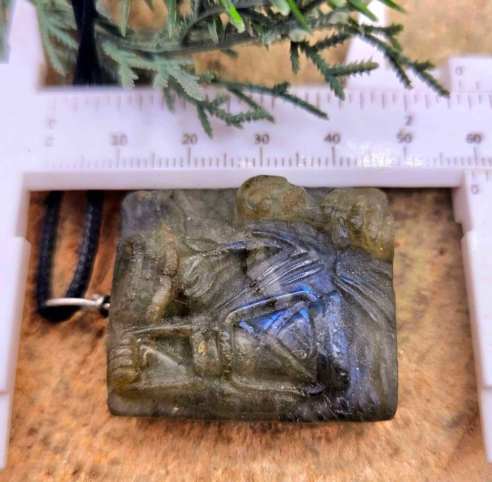 Nature Labradorite Carved Devil Wears Crow Mask Pendant Necklace