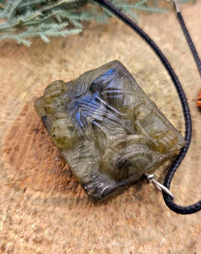 Nature Labradorite Carved Devil Wears Crow Mask Pendant Necklace