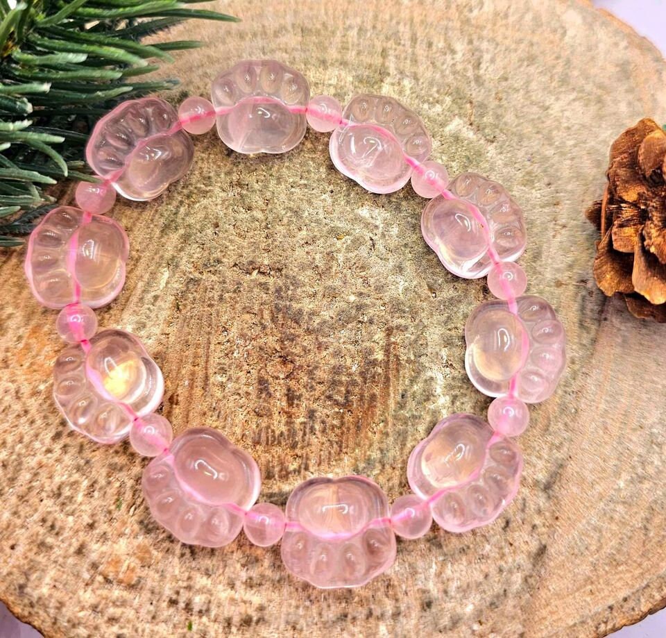Premium Nature Rose Quartz Carved Cute Paw Beads Bracelet