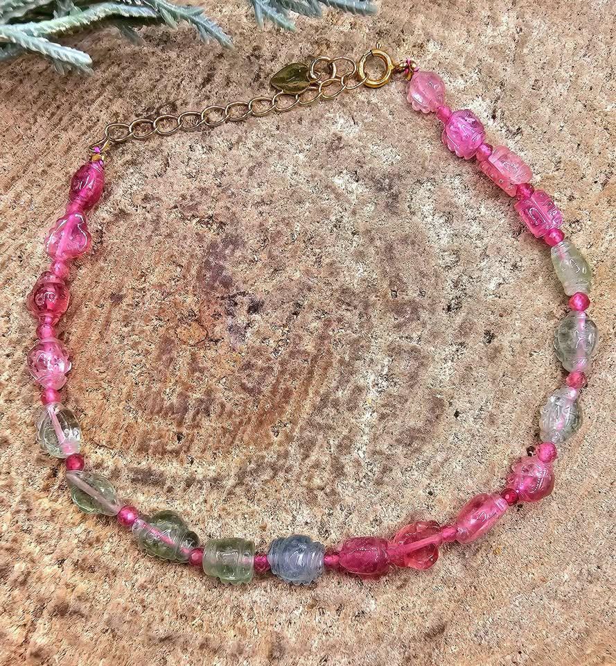 Premium Grade Nature Tourmaline Hand Carve Ruffled Candy 925 Bracelet
