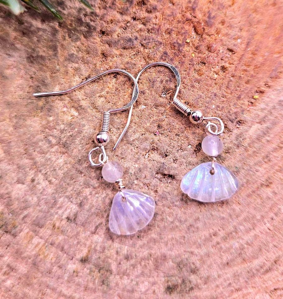 Beautiful Nature Moonstone Flashy Hand Carved Shell S925 Dangle Earring