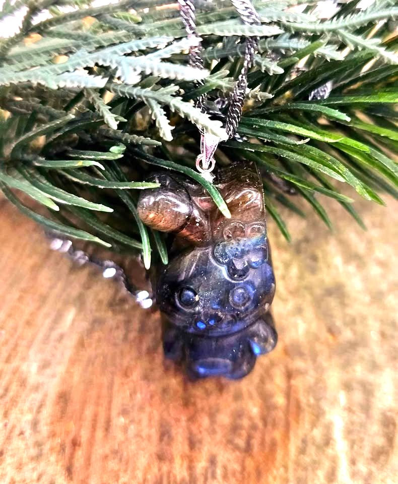 Hand-carved labradorite cheerful rabbit with flower pendant — My Aura Gemstones
