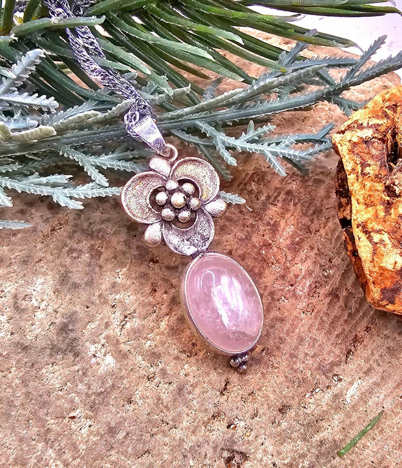 Nature Rose Quartz Sterling Pendant Necklace