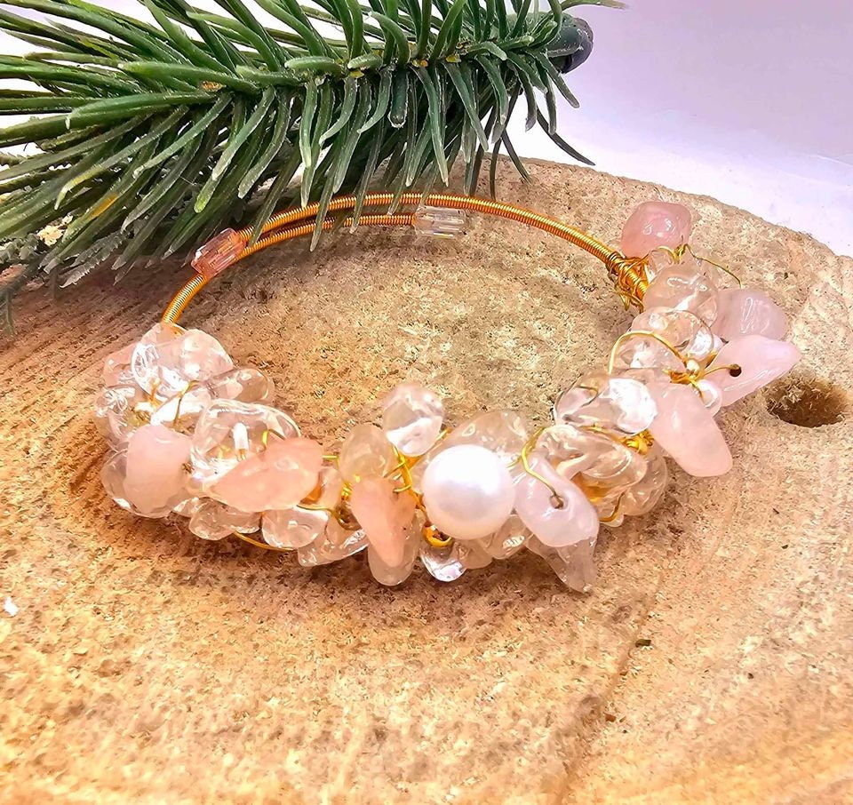 Beautiful Nature Rose Quartz White Crystals Chips Wire Wrapped Open Bangle