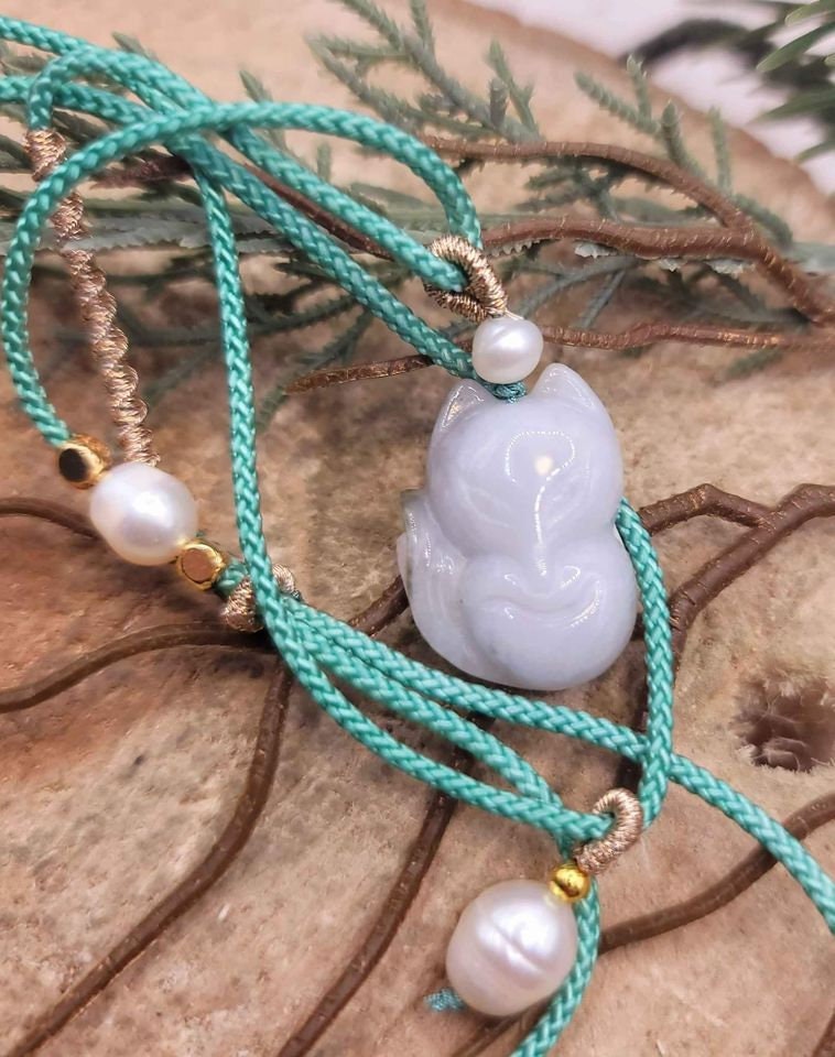 Certified Nature Green Jade Carved Fox Pendant Necklace