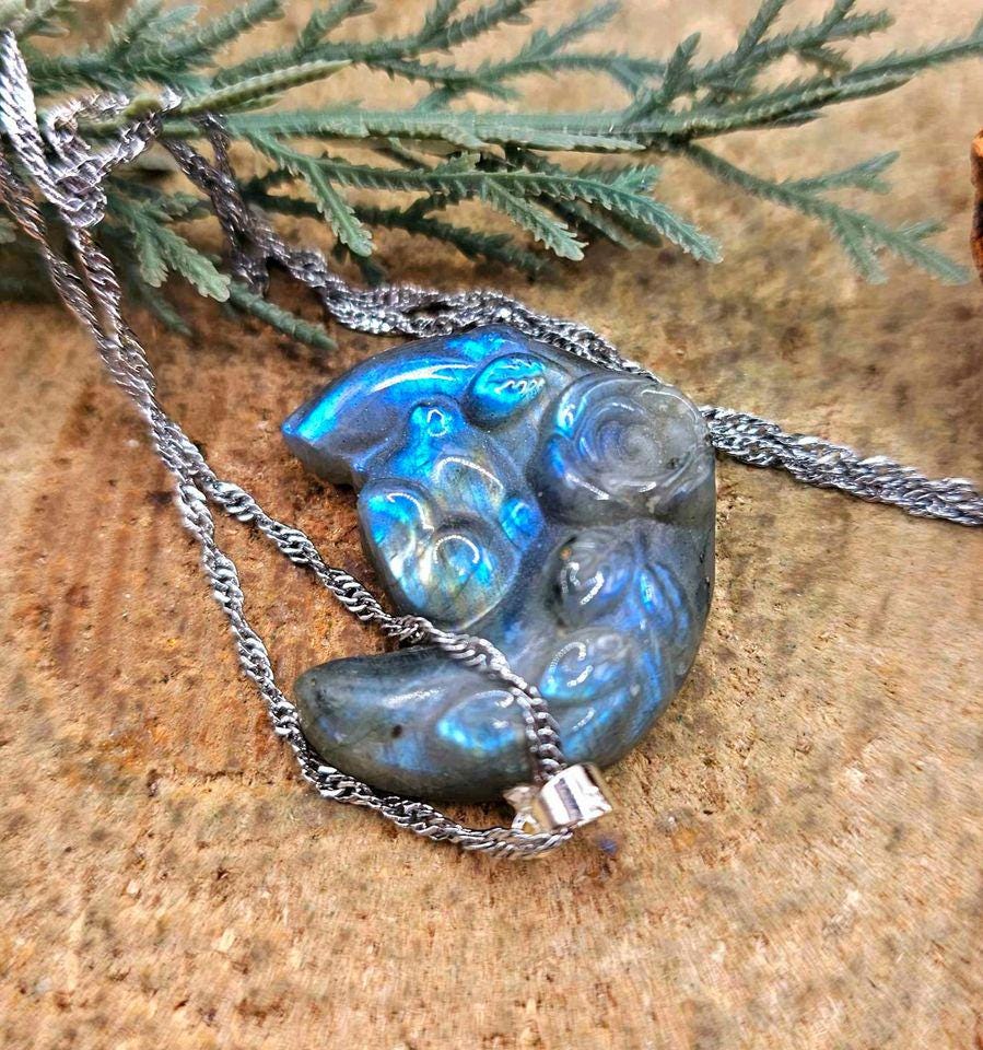 Nature Labradorite Flashy Sleeping Rabbit On Blossom Moon Pendant Necklace