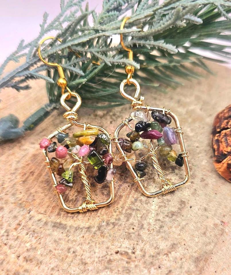 Nature Tourmaline Chips Tree of Life Earring