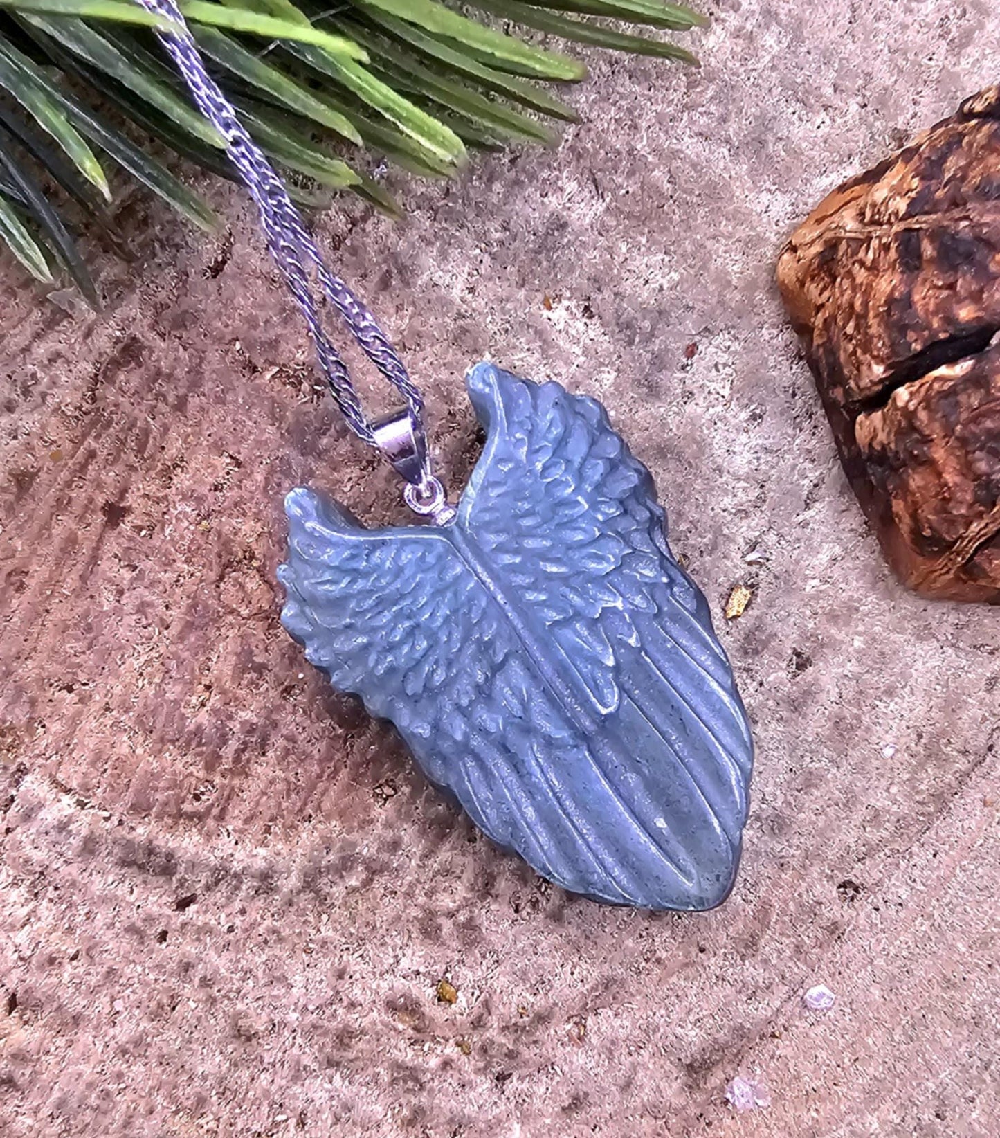 Nature Labradorite Carved Flashy Angel Wing Pendant Necklace