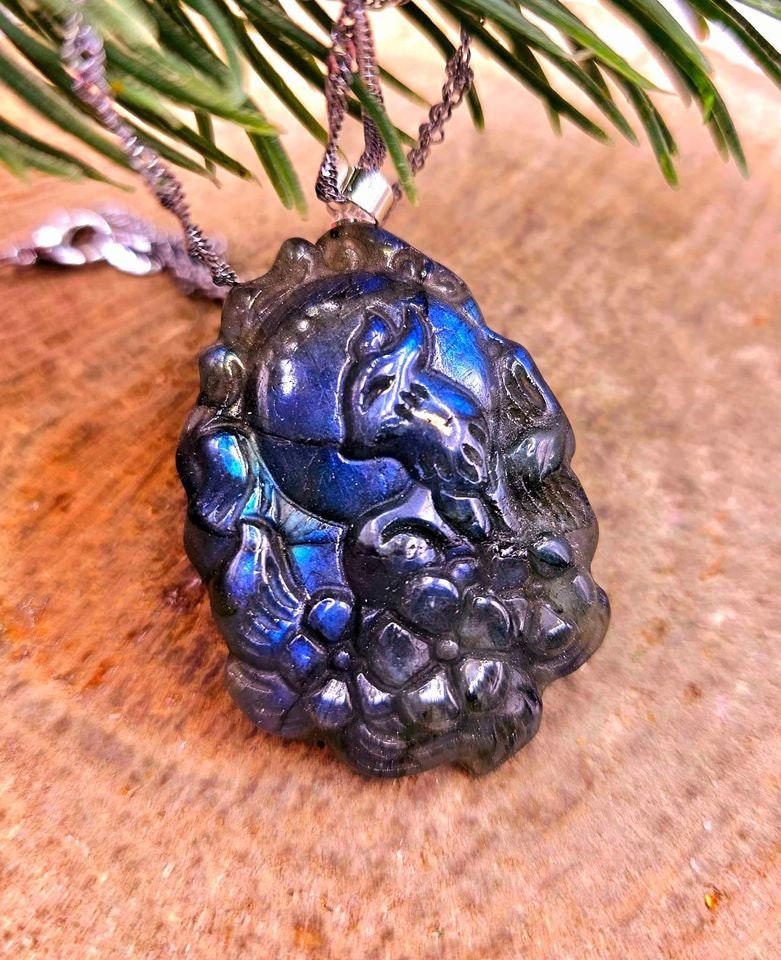 Beautiful Nature Labradorite Nine Tails Fox Cherry Blossom Pendant Necklace