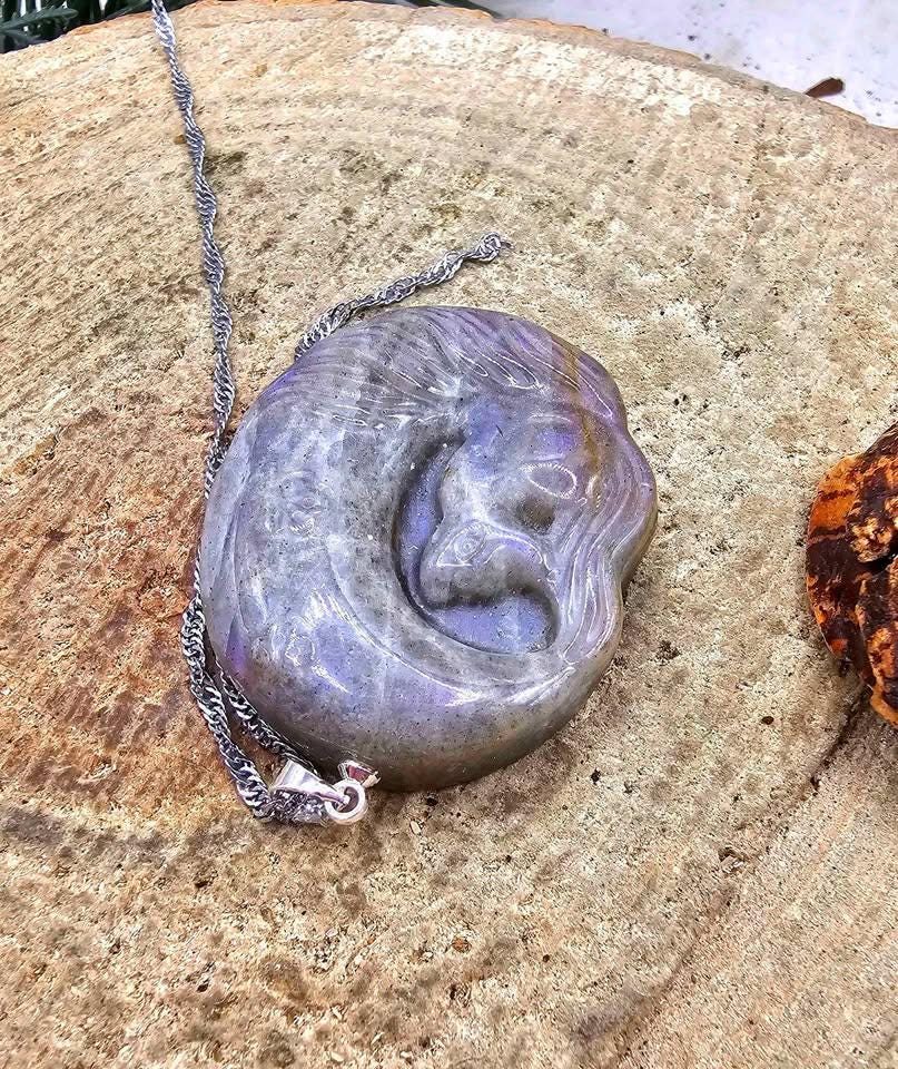 Nature Labradorite Carved Flashy Nine Tails fox On Moon Pendant Necklace