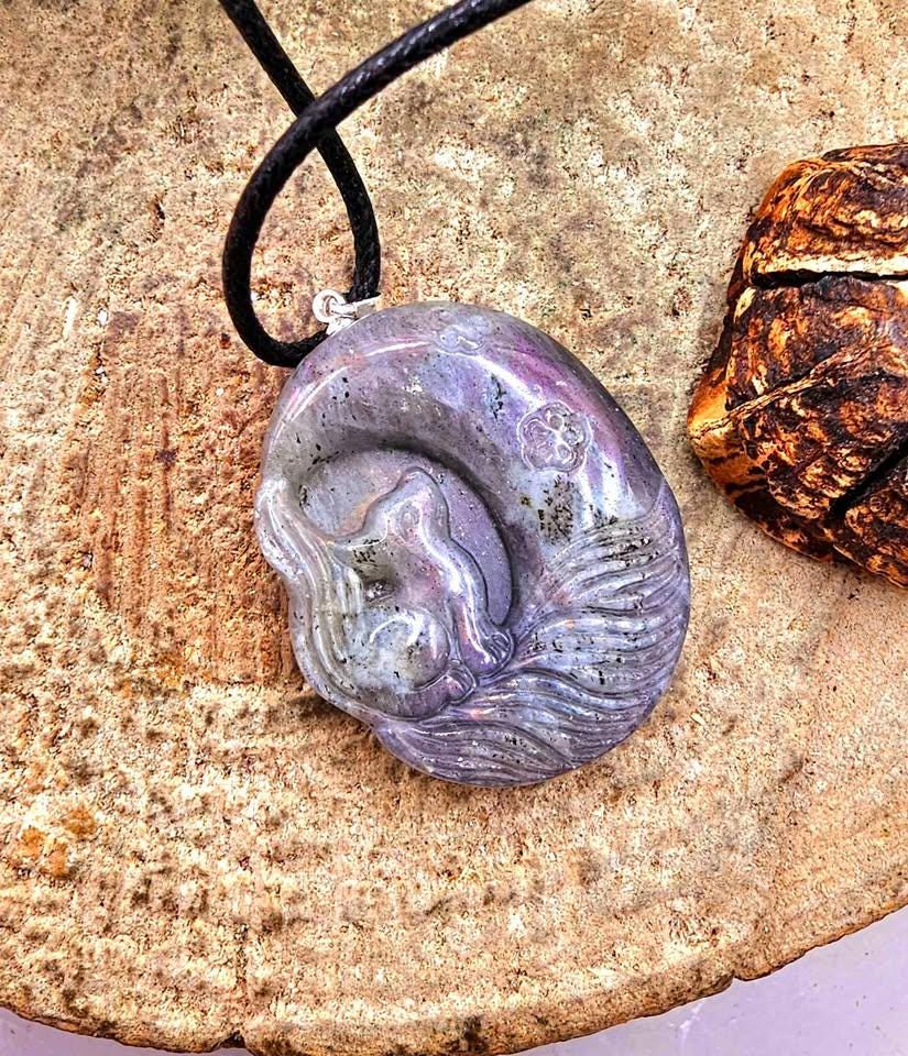 Nature Labradorite Carved Flashy Nine Tails fox On Moon Pendant Necklace