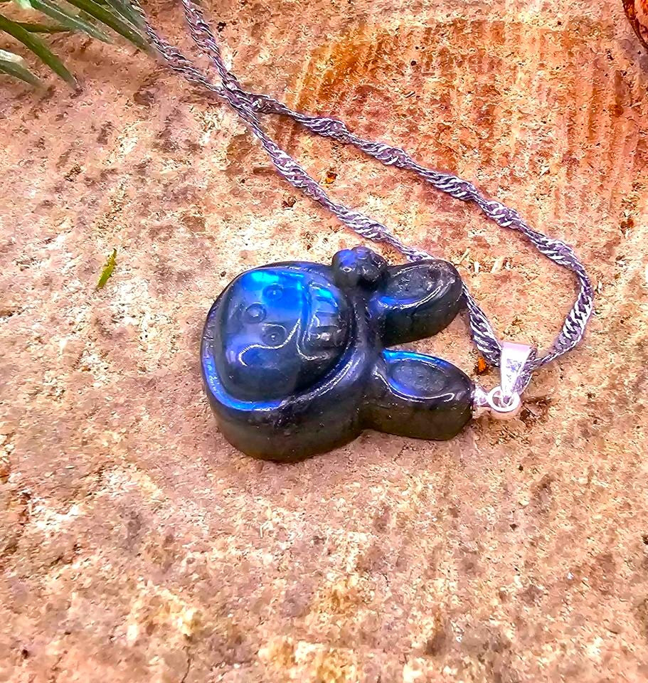 Natural labradorite carved flashy cute rabbit girl crystal pendant necklace — My Aura Gemstones