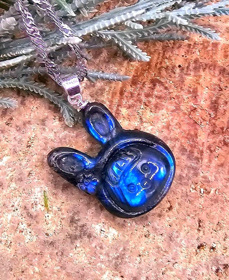 Natural labradorite carved flashy cute rabbit girl crystal pendant necklace — My Aura Gemstones